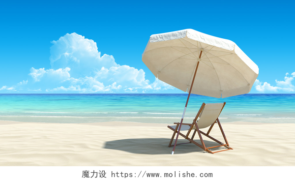 沙滩上的太阳伞和躺椅3D渲染沙滩椅和田园热带沙滩上的伞
